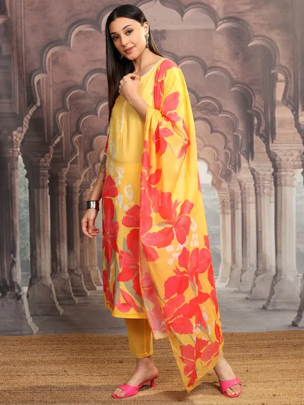 Vishudh Women Yellow Printed Kurta With Trousers And Dupatta