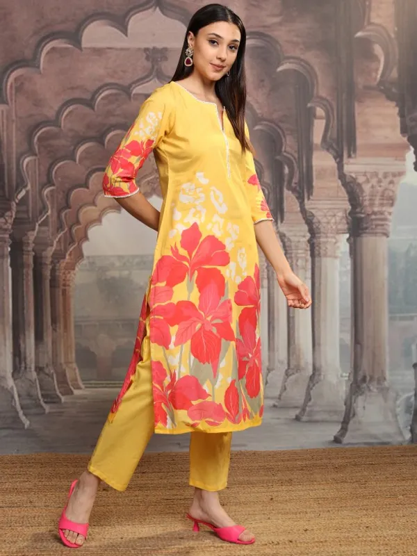Vishudh Women Yellow Printed Kurta With Trousers And Dupatta