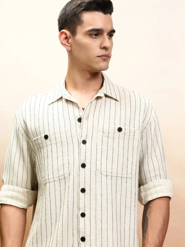Highlander Men Off Beige Striped Oversized Fit Casual Shirt