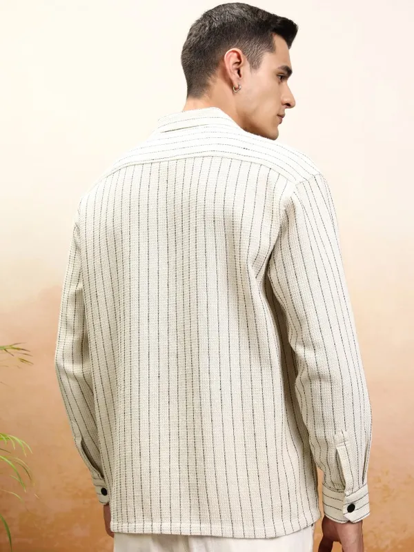 Highlander Men Off Beige Striped Oversized Fit Casual Shirt
