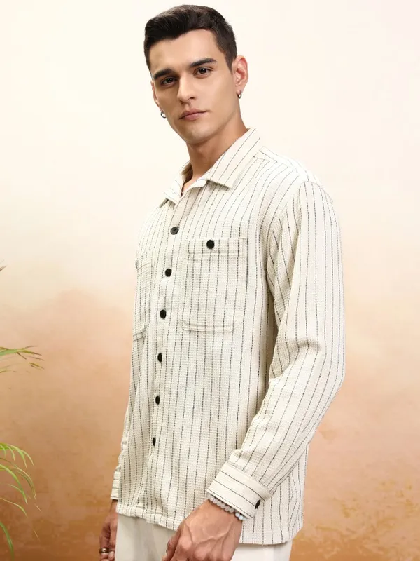 Highlander Men Off Beige Striped Oversized Fit Casual Shirt