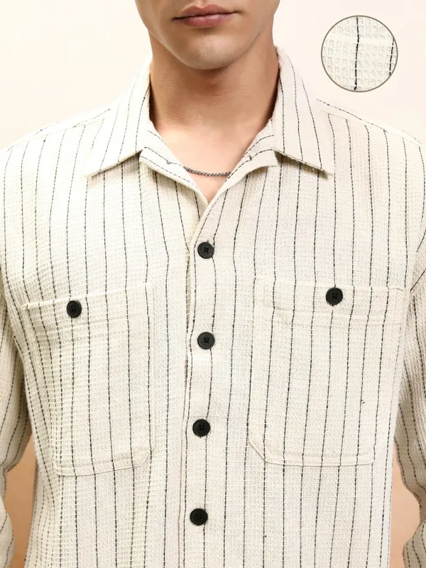 Highlander Men Off Beige Striped Oversized Fit Casual Shirt