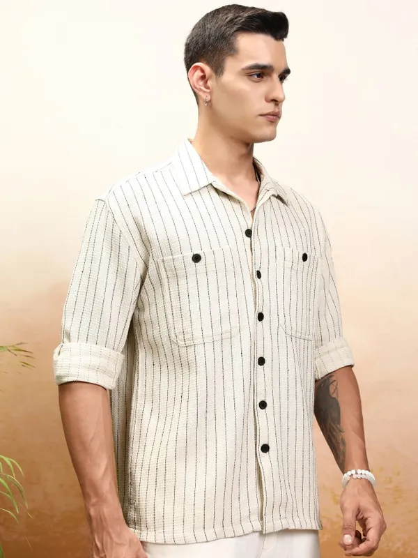 Highlander Men Off Beige Striped Oversized Fit Casual Shirt