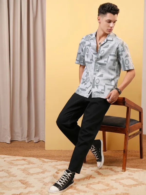 Locomotive Premium Men Melange Textured Printed Cuban Collar Oversized Shirt