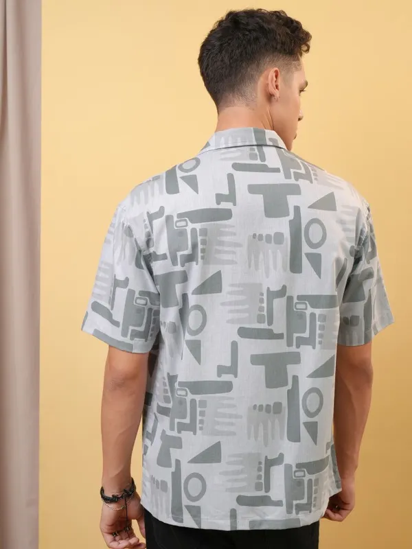 Locomotive Premium Men Melange Textured Printed Cuban Collar Oversized Shirt