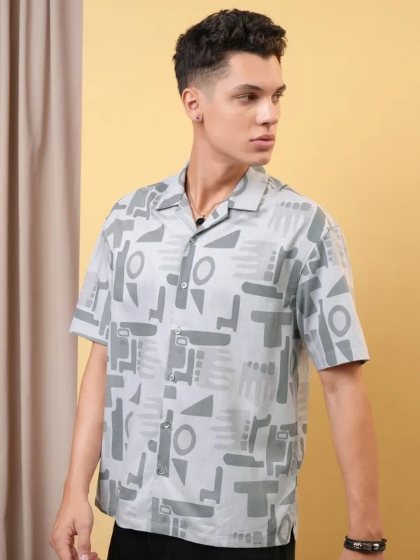 Locomotive Premium Men Melange Textured Printed Cuban Collar Oversized Shirt