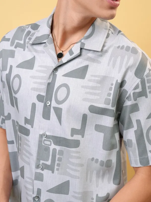 Locomotive Premium Men Melange Textured Printed Cuban Collar Oversized Shirt