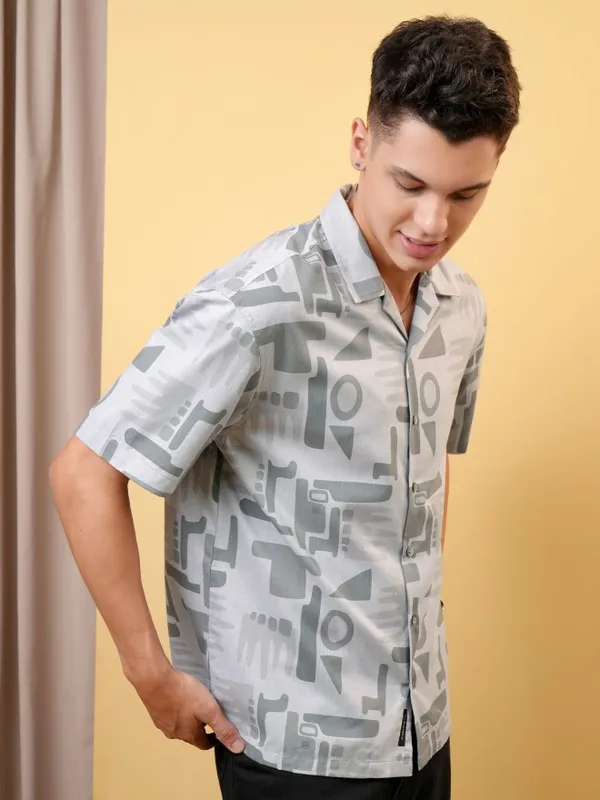 Locomotive Premium Men Melange Textured Printed Cuban Collar Oversized Shirt