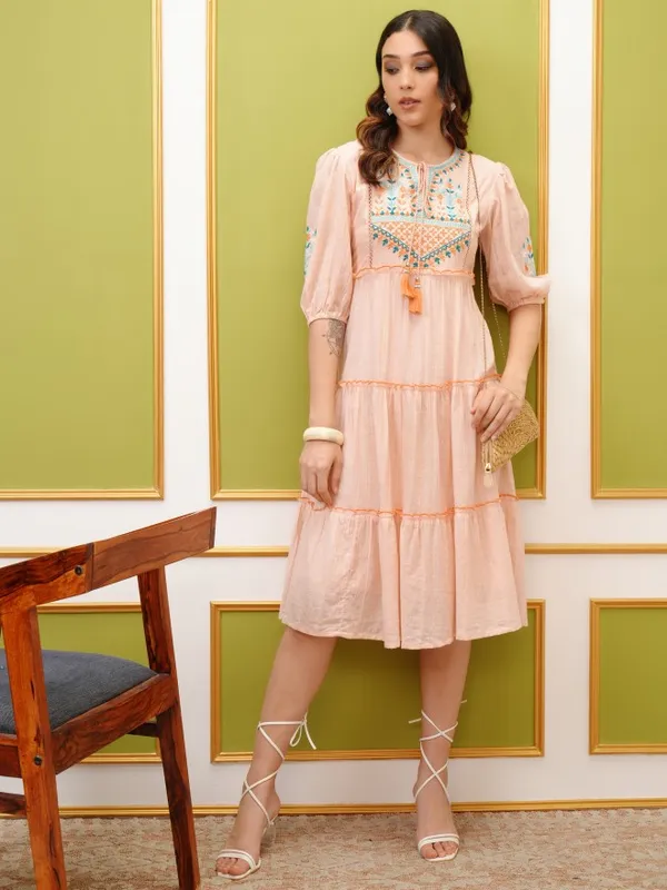 Vishudh Women Peach Embroidered Fit And Flare Dresses