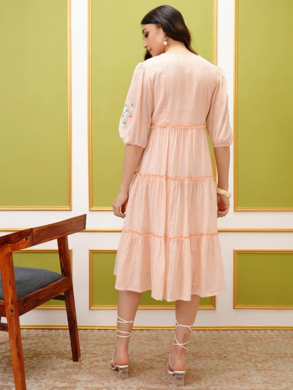  Vishudh Women Peach Embroidered Fit And Flare Dresses