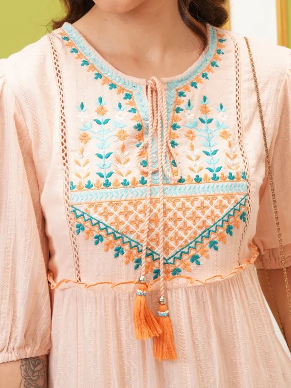  Vishudh Women Peach Embroidered Fit And Flare Dresses