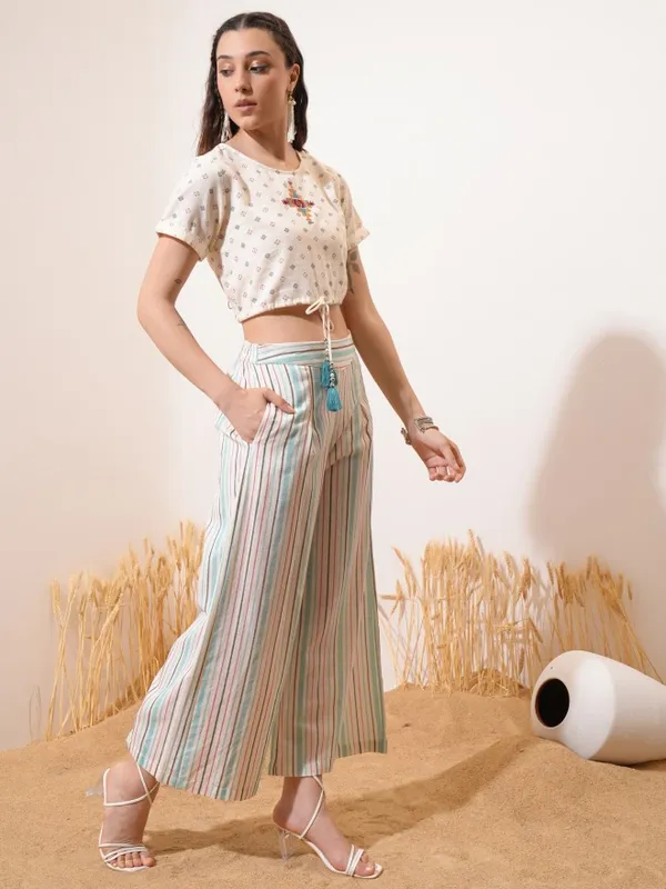 Vishudh Women Off White Top With Trouser