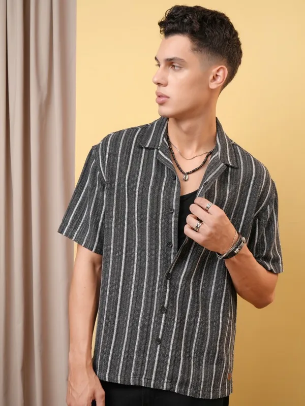 Locomotive Premium Men Dobby Textured Striped Cuban Collar Oversized Shirt