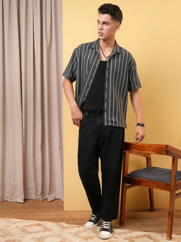 Locomotive Premium Men Dobby Textured Striped Cuban Collar Oversized Shirt