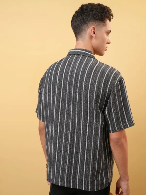 Locomotive Premium Men Dobby Textured Striped Cuban Collar Oversized Shirt