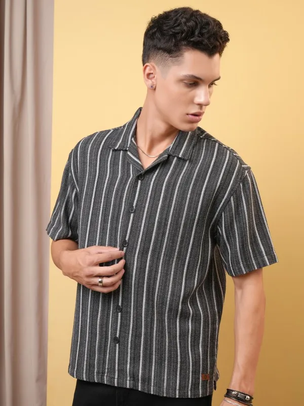Locomotive Premium Men Dobby Textured Striped Cuban Collar Oversized Shirt