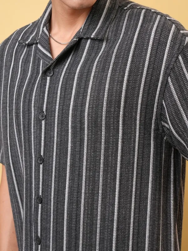 Locomotive Premium Men Dobby Textured Striped Cuban Collar Oversized Shirt