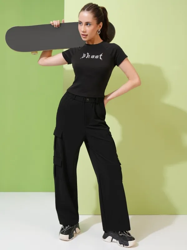 Tokyo Talkies Women Black Printed Fitted Top