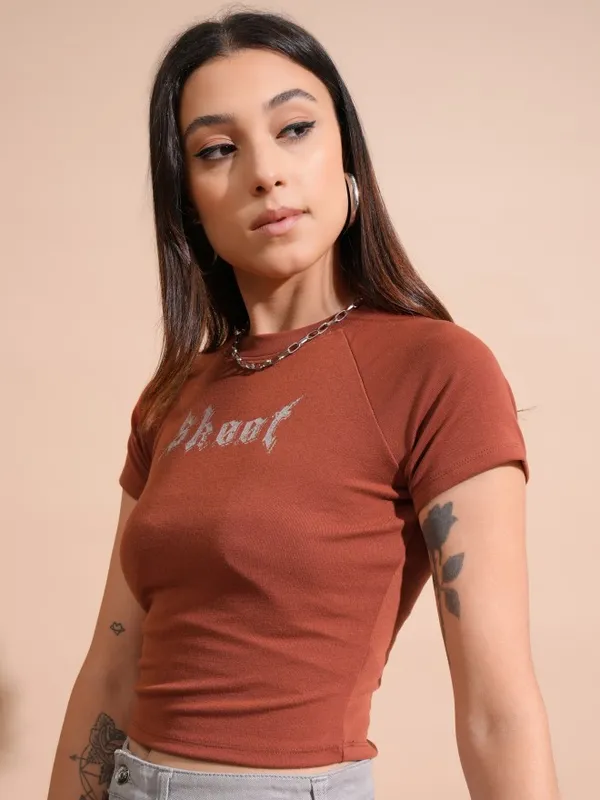 Tokyo Talkies Women Terracotta Printed Fitted Top