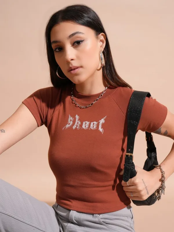 Tokyo Talkies Women Terracotta Printed Fitted Top