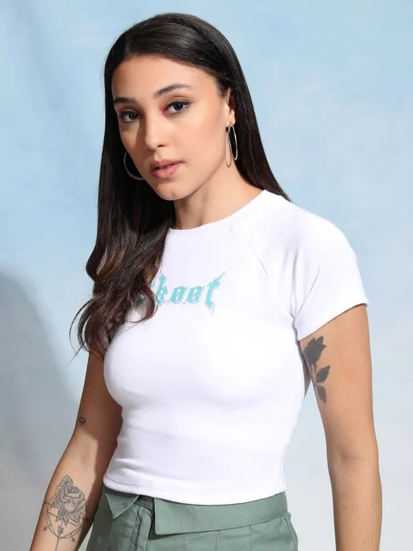 Tokyo Talkies Women White Printed Fitted Top