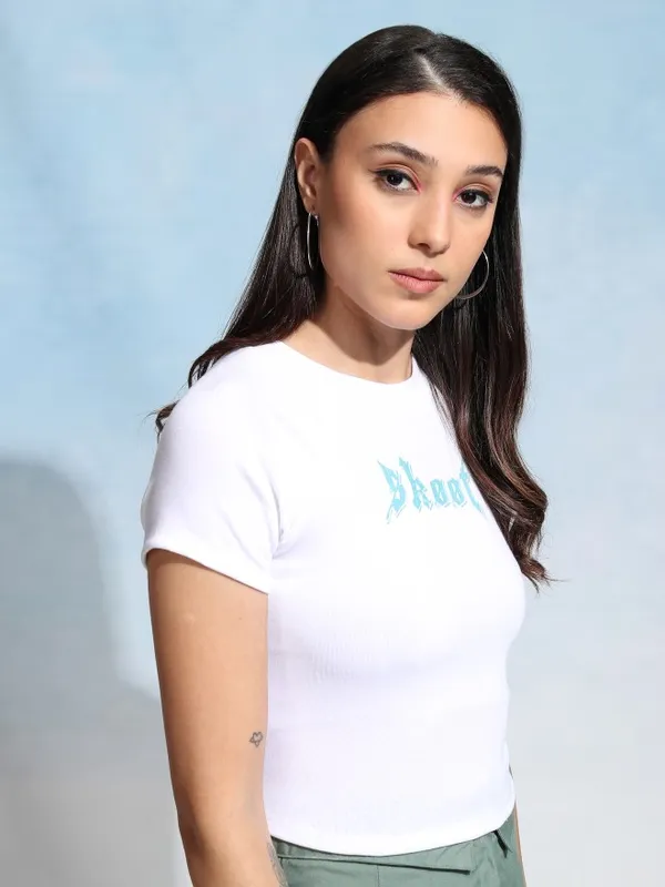 Tokyo Talkies Women White Printed Fitted Top