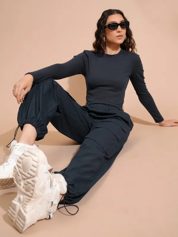 Tokyo Talkies Women Navy Blue Solid Fitted Top