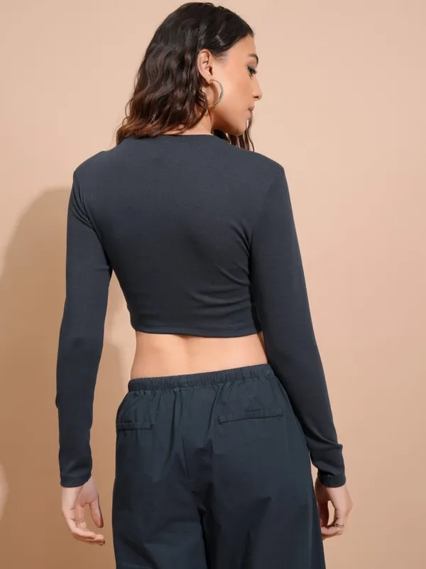 Tokyo Talkies Women Navy Blue Solid Fitted Top