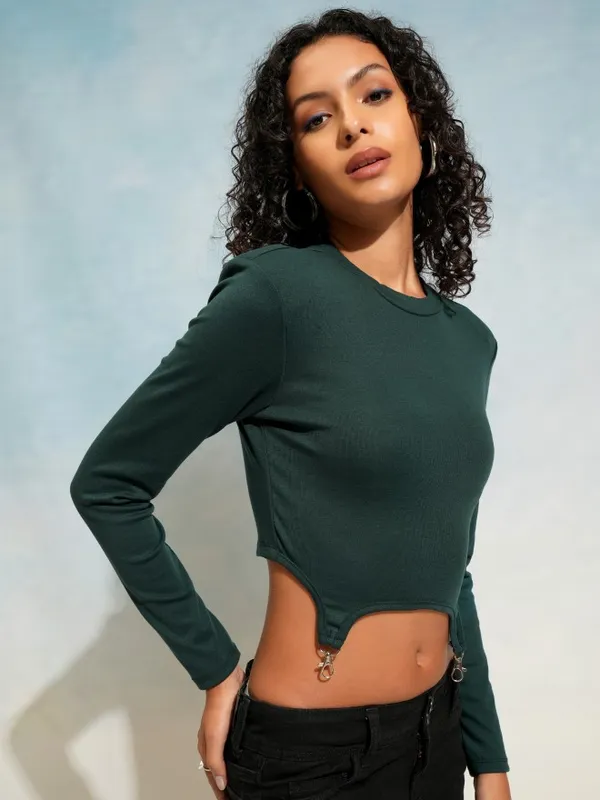 Tokyo Talkies Women Green Solid Fitted Top
