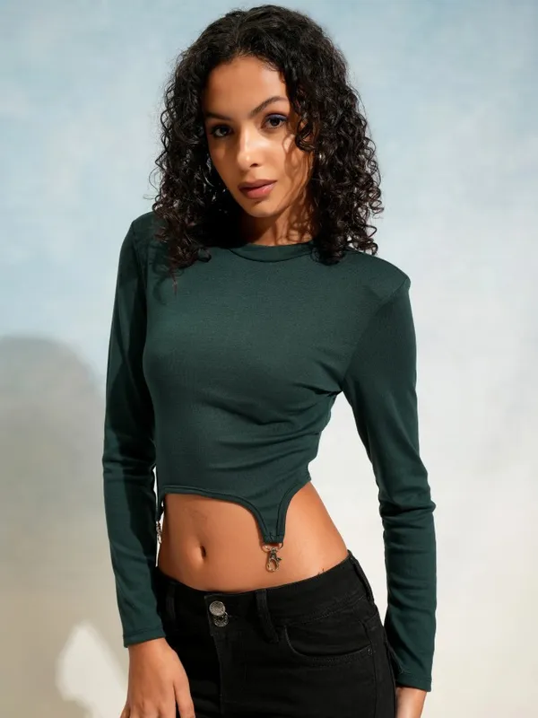 Tokyo Talkies Women Green Solid Fitted Top