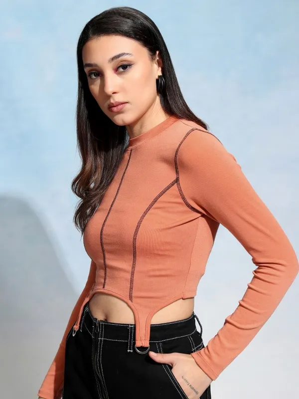 Tokyo Talkies Women Orange Solid Fitted Top