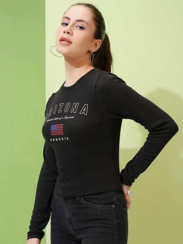 Tokyo Talkies Women Black Printed Fitted Top