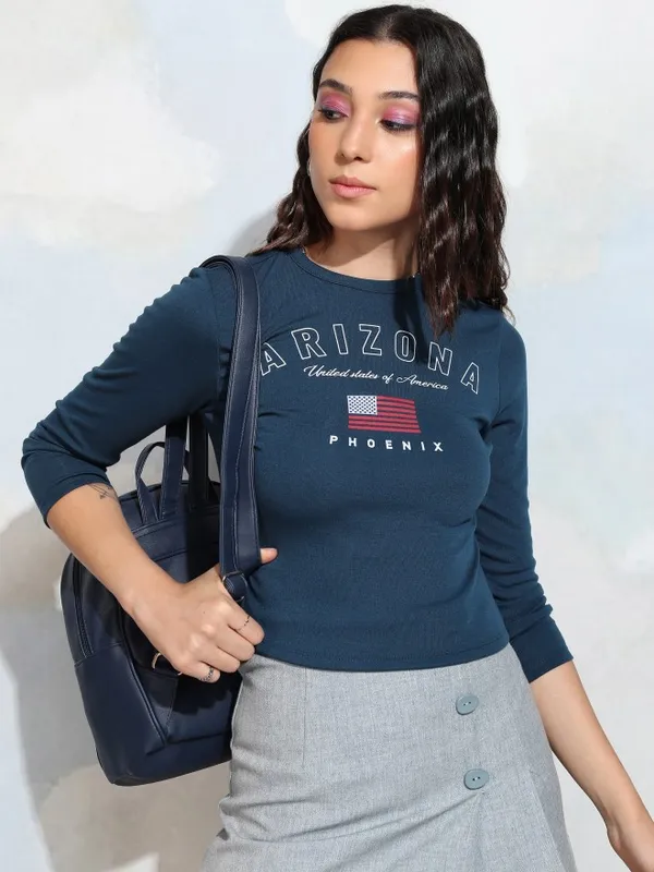 Tokyo Talkies Women Blue Printed Fitted Top