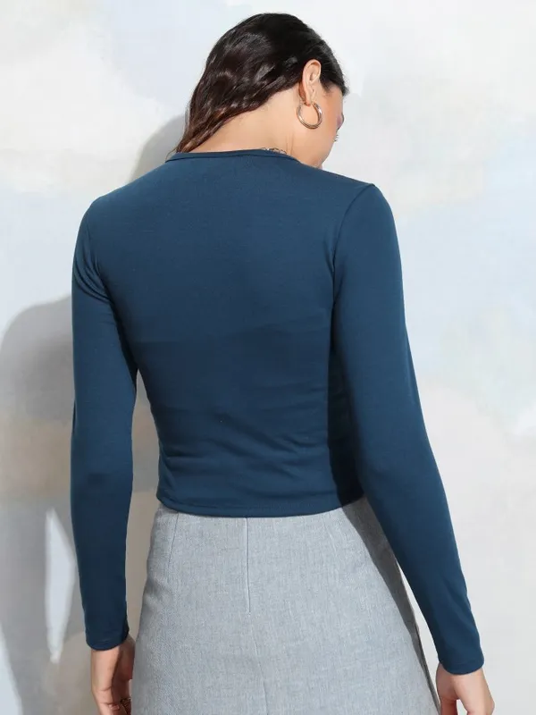 Tokyo Talkies Women Blue Printed Fitted Top