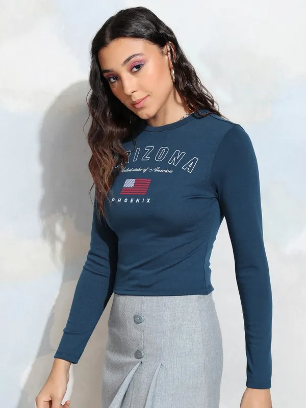Tokyo Talkies Women Blue Printed Fitted Top