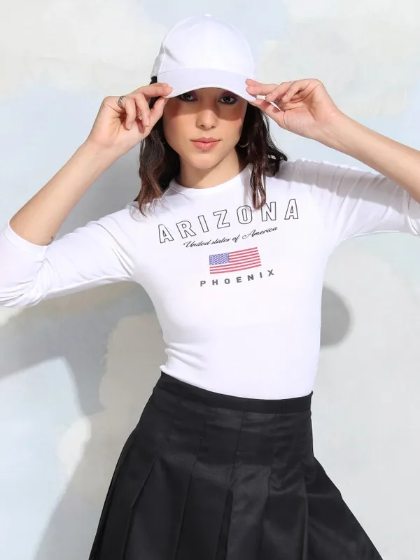 Tokyo Talkies Women White Printed Fitted Top