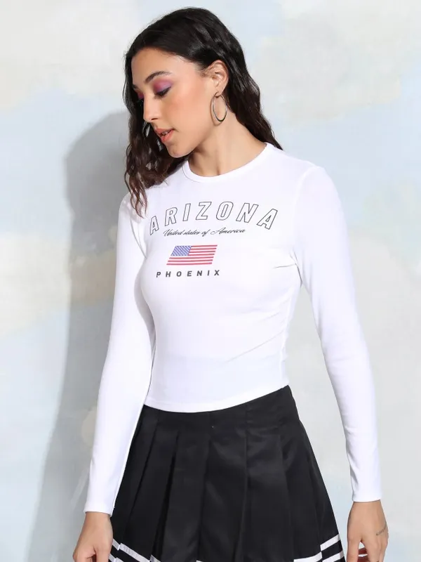 Tokyo Talkies Women White Printed Fitted Top