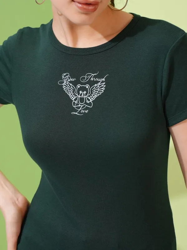 Tokyo Talkies Women Green Printed Fitted Top