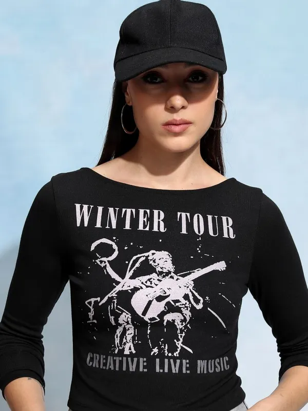 Tokyo Talkies Women Black Printed Fitted Top