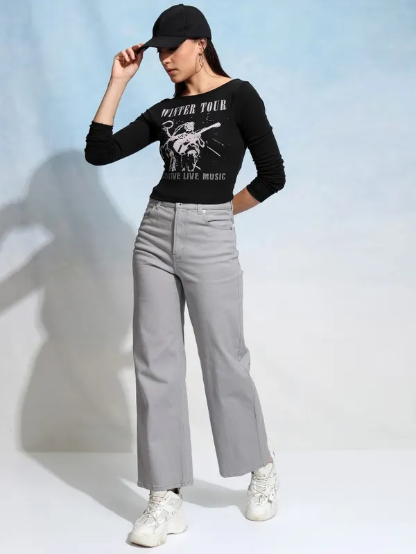 Tokyo Talkies Women Black Printed Fitted Top
