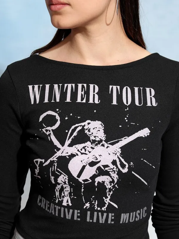 Tokyo Talkies Women Black Printed Fitted Top