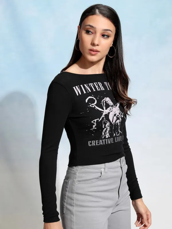 Tokyo Talkies Women Black Printed Fitted Top