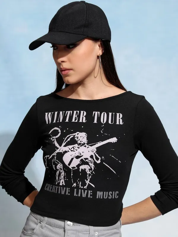 Tokyo Talkies Women Black Printed Fitted Top