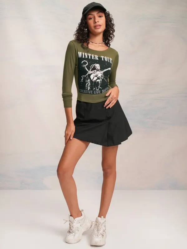 Tokyo Talkies Women Olive Printed Fitted Top