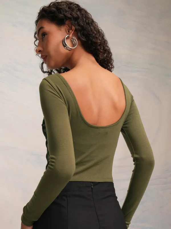 Tokyo Talkies Women Olive Printed Fitted Top
