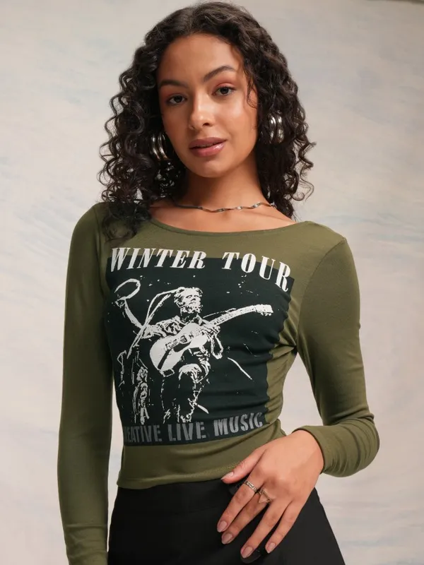 Tokyo Talkies Women Olive Printed Fitted Top