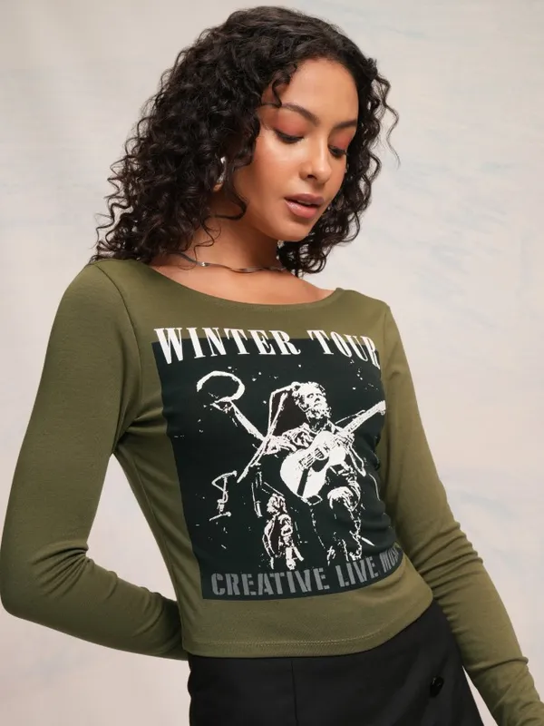 Tokyo Talkies Women Olive Printed Fitted Top