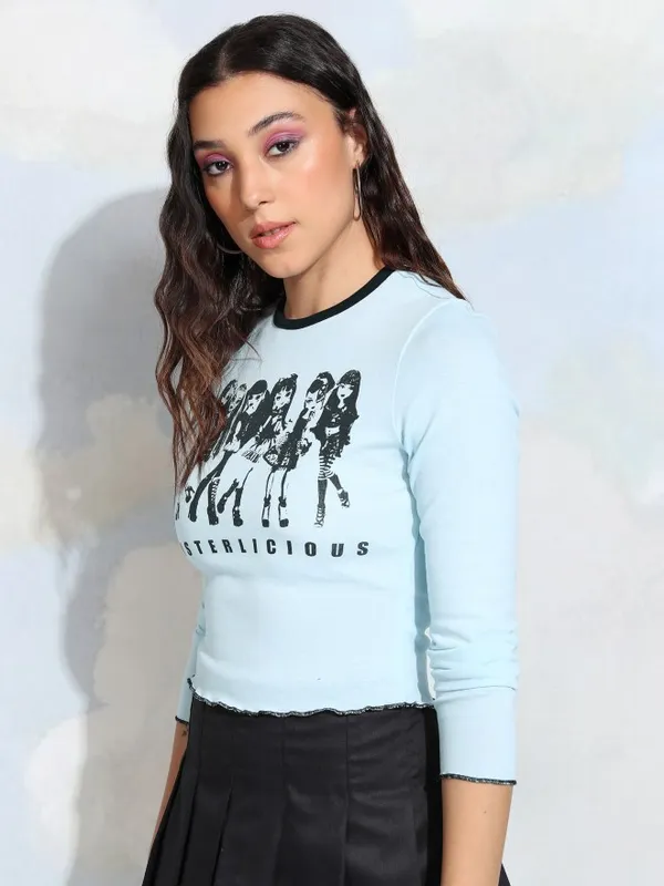 Tokyo Talkies Women Blue Printed Fitted Top