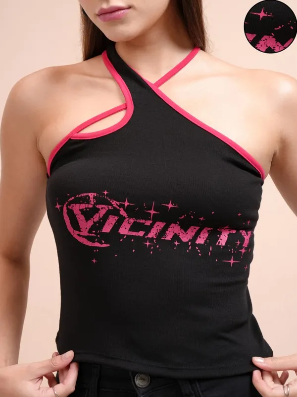 Tokyo Talkies Women Black Printed Fitted Top