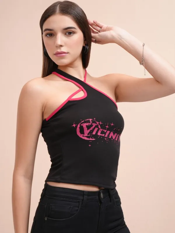 Tokyo Talkies Women Black Printed Fitted Top